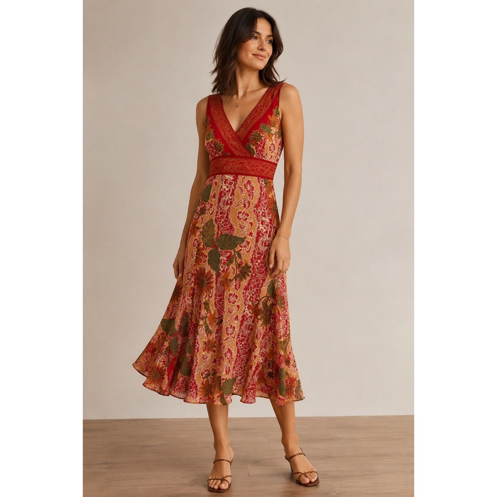 Bandolino Red Tan Floral Paisley Godet Hem Midi Dress 8 Vtg Y2K Cottage Boho